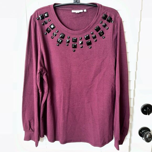 Chico’s Size 1 Zenergy Rhinestone Neck Sweatshirt - Picture 3 of 7